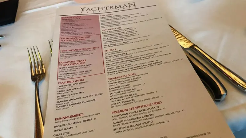 The menu 12/17 at Yachtsment Steakhouse