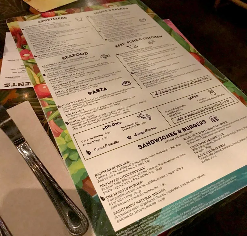 Rainforest Cafe Menu